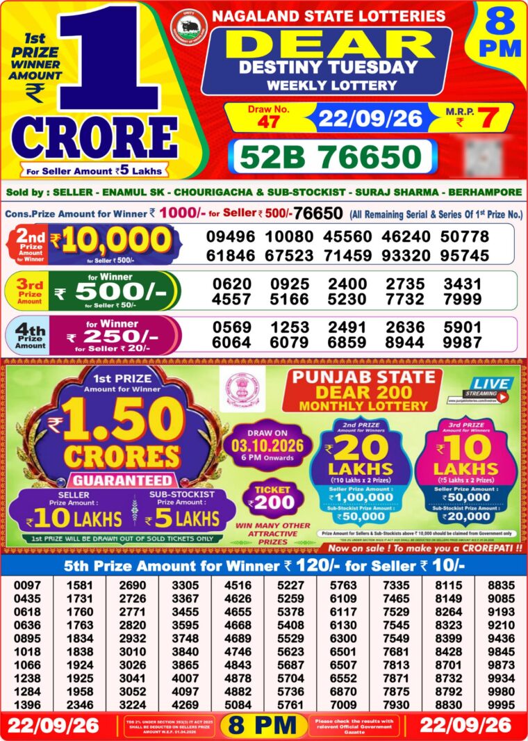 West Bengal Lottery Dear Result 8PM 22-09-2026