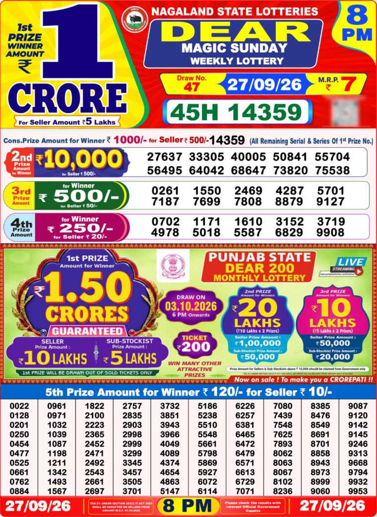 West Bengal Lottery Dear Result 8PM 27-09-2026