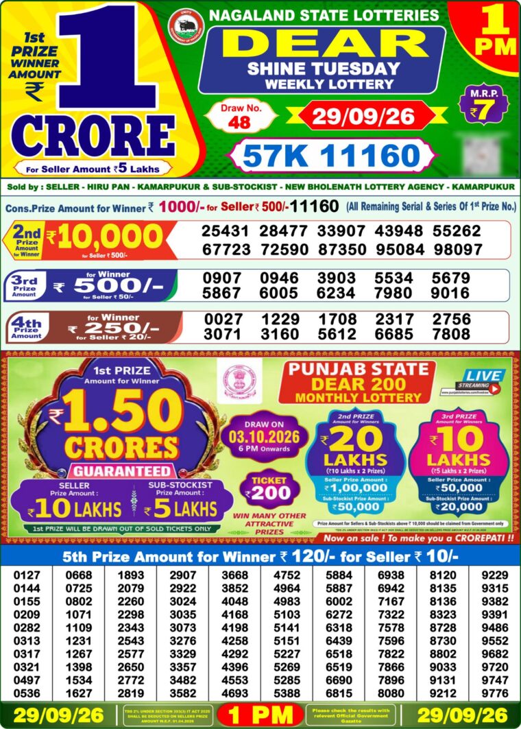 Lottery Sambad West Bengal 1PM Result 29-09-2026