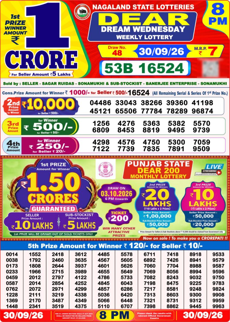 West Bengal Lottery Dear Result 8PM 30-09-2026