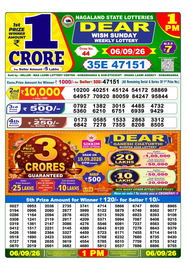 Lottery Sambad West Bengal 1PM Result 06-09-2026