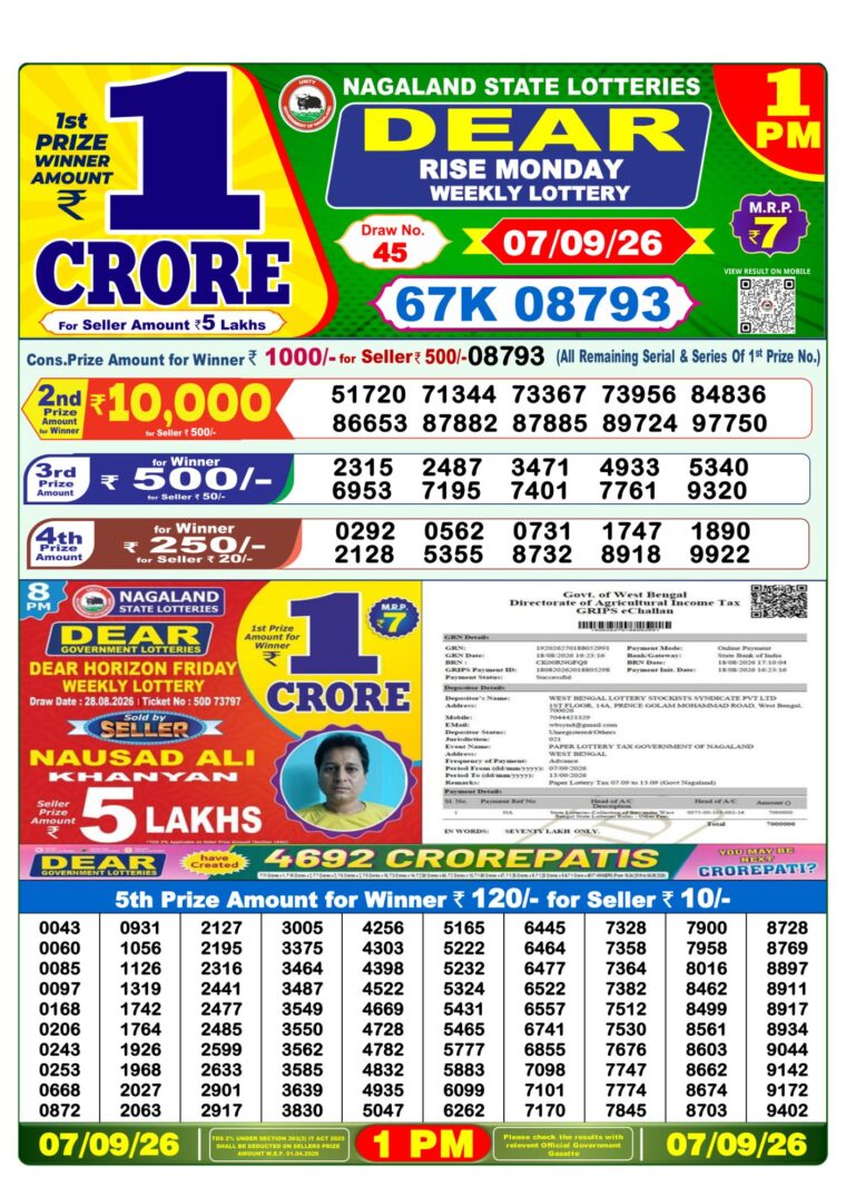 Lottery Sambad West Bengal 1PM Result 07-09-2026