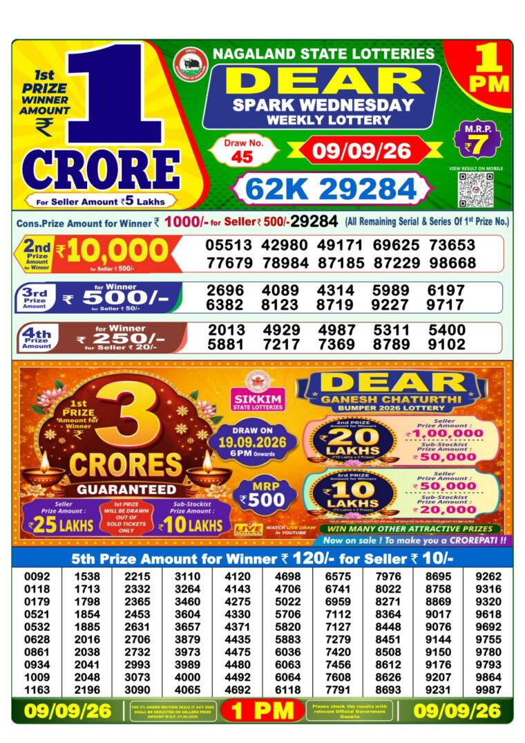 Lottery Sambad West Bengal 1PM Result 09-09-2026