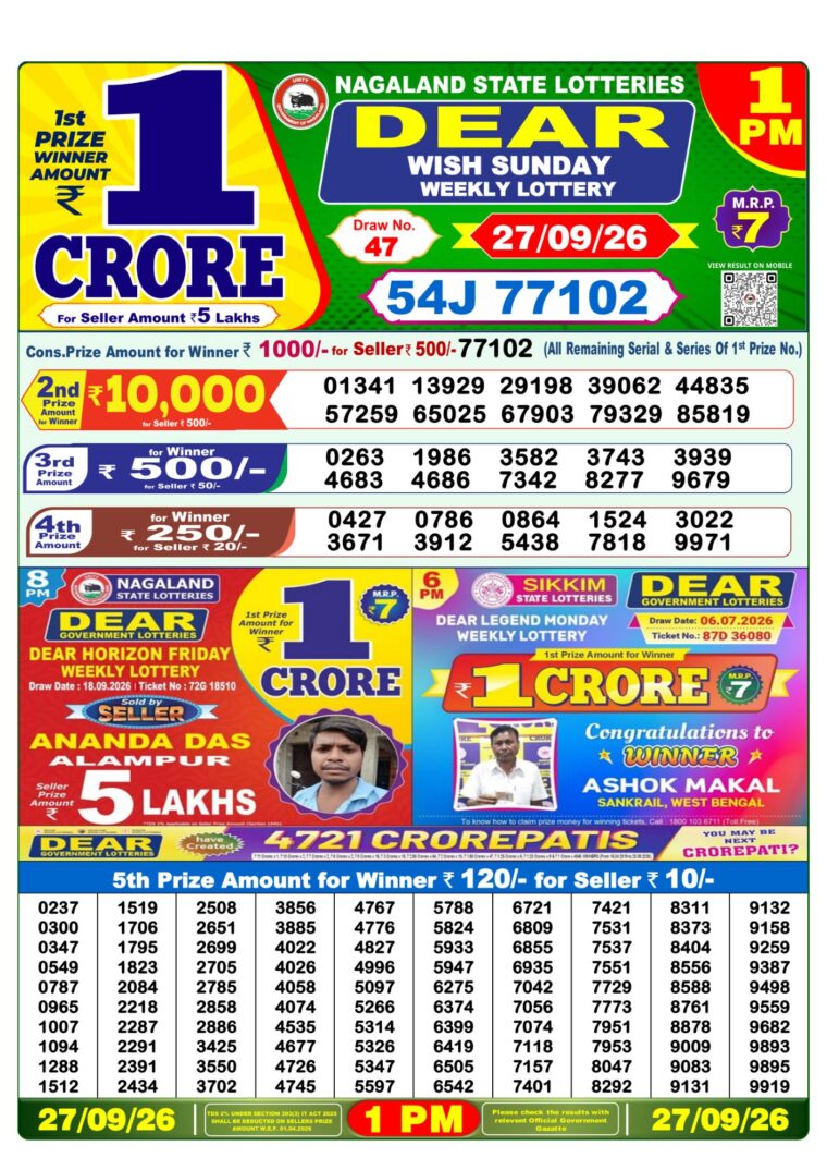 Lottery Sambad West Bengal 1PM Result 27-09-2026