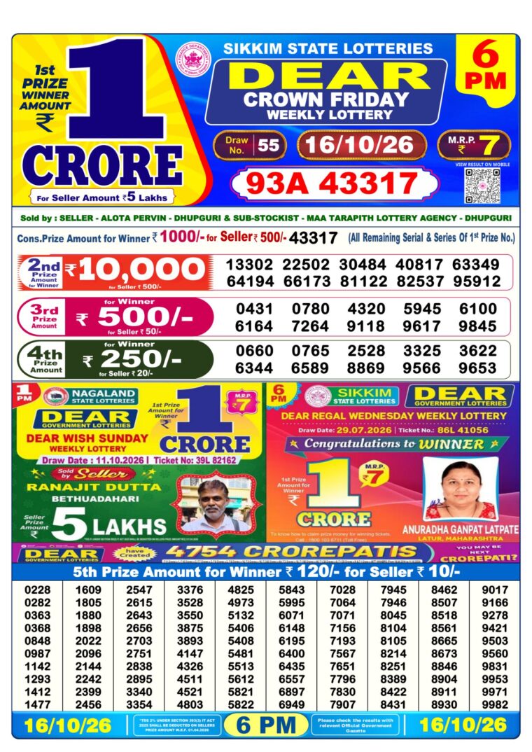 West Bengal Lottery Sambad 6PM 16-10-2026