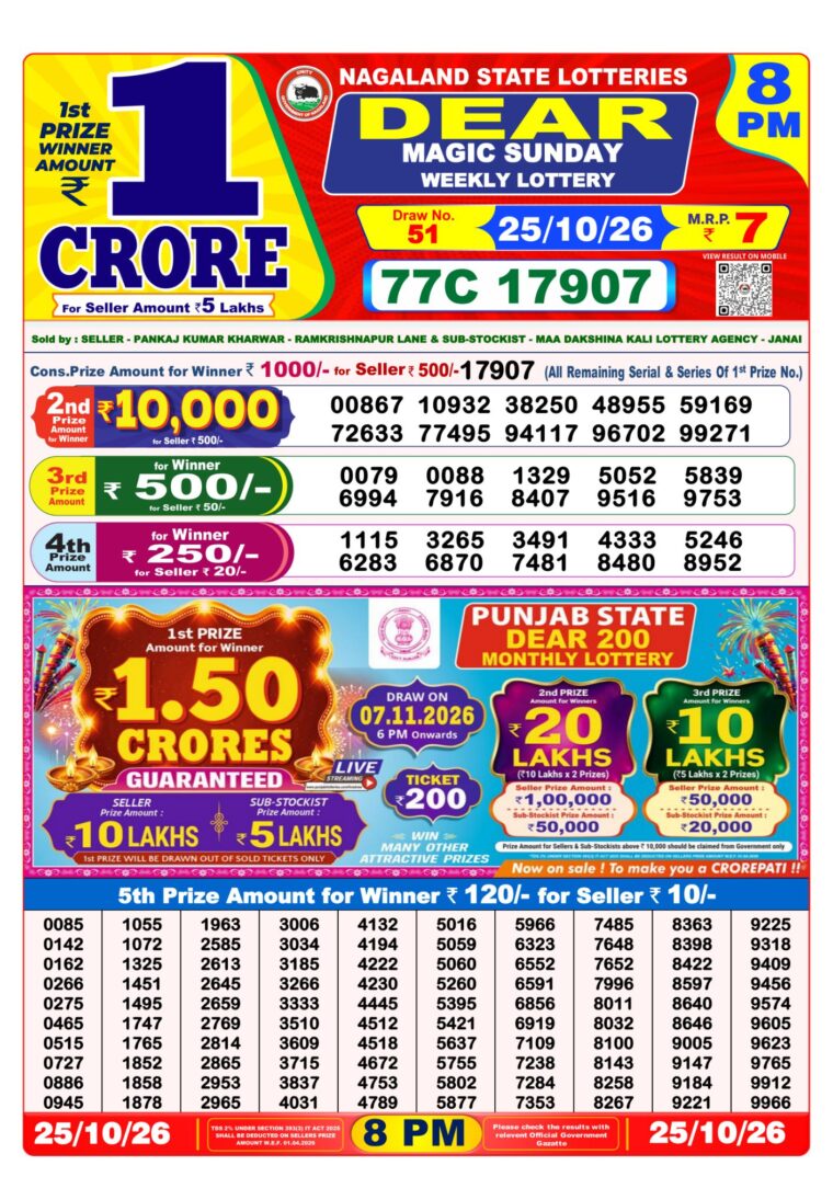 West Bengal Lottery Dear Result 8PM 25-10-2026