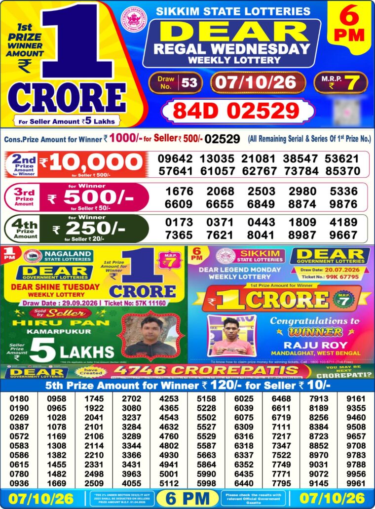West Bengal Lottery Sambad 6PM 07-10-2026
