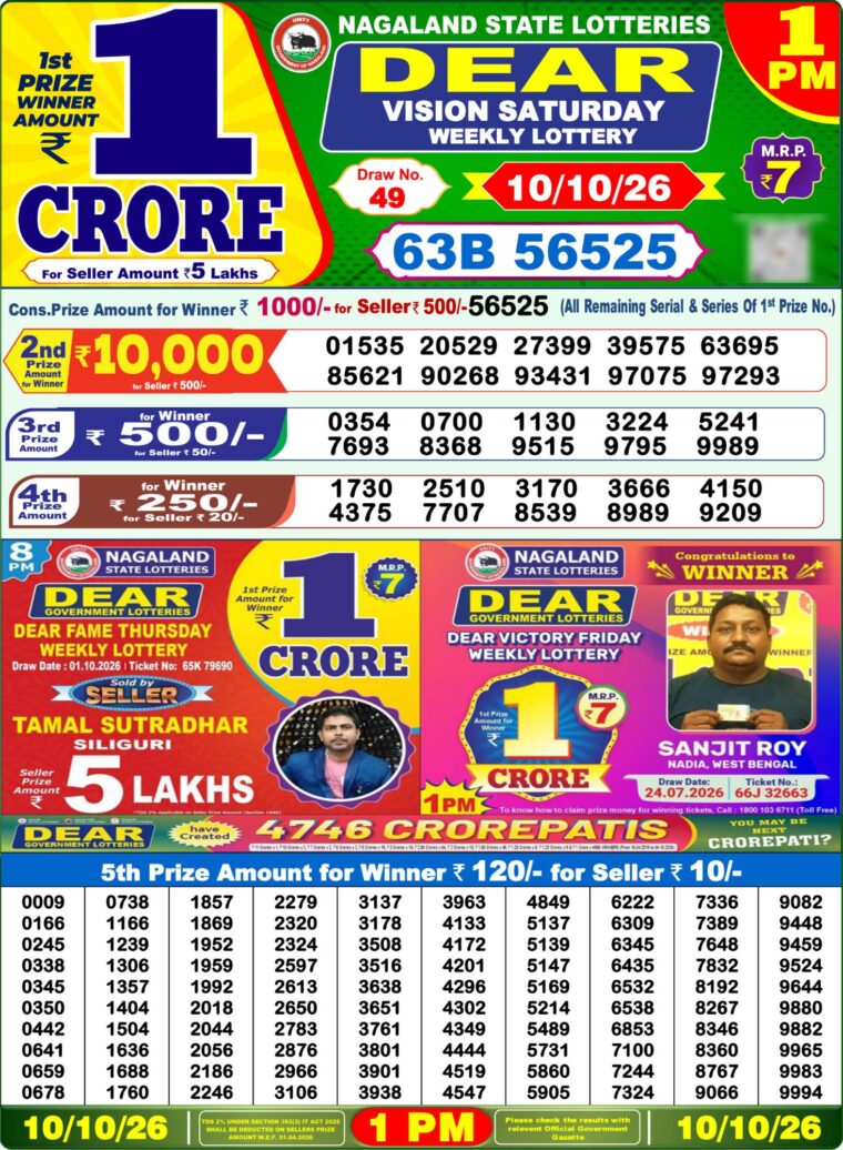 Lottery Sambad West Bengal 1PM Result 10-10-2026