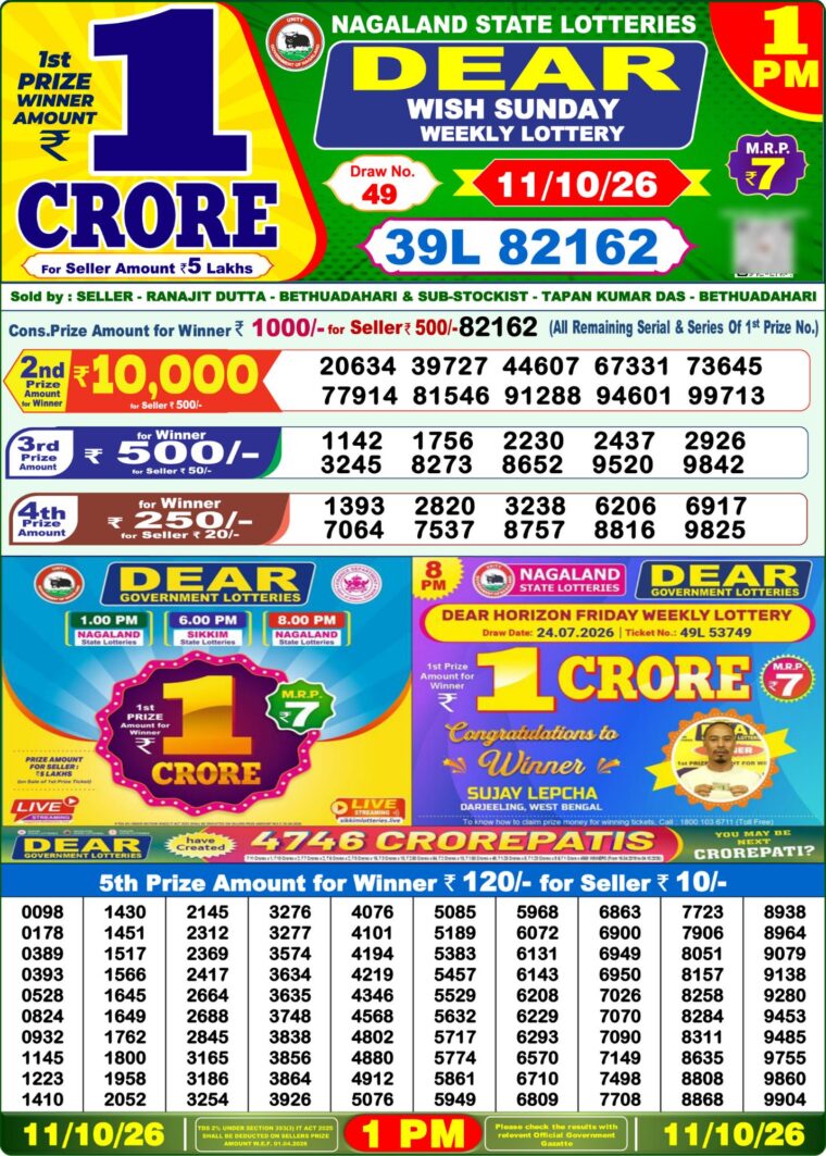 Lottery Sambad West Bengal 1PM Result 11-10-2026