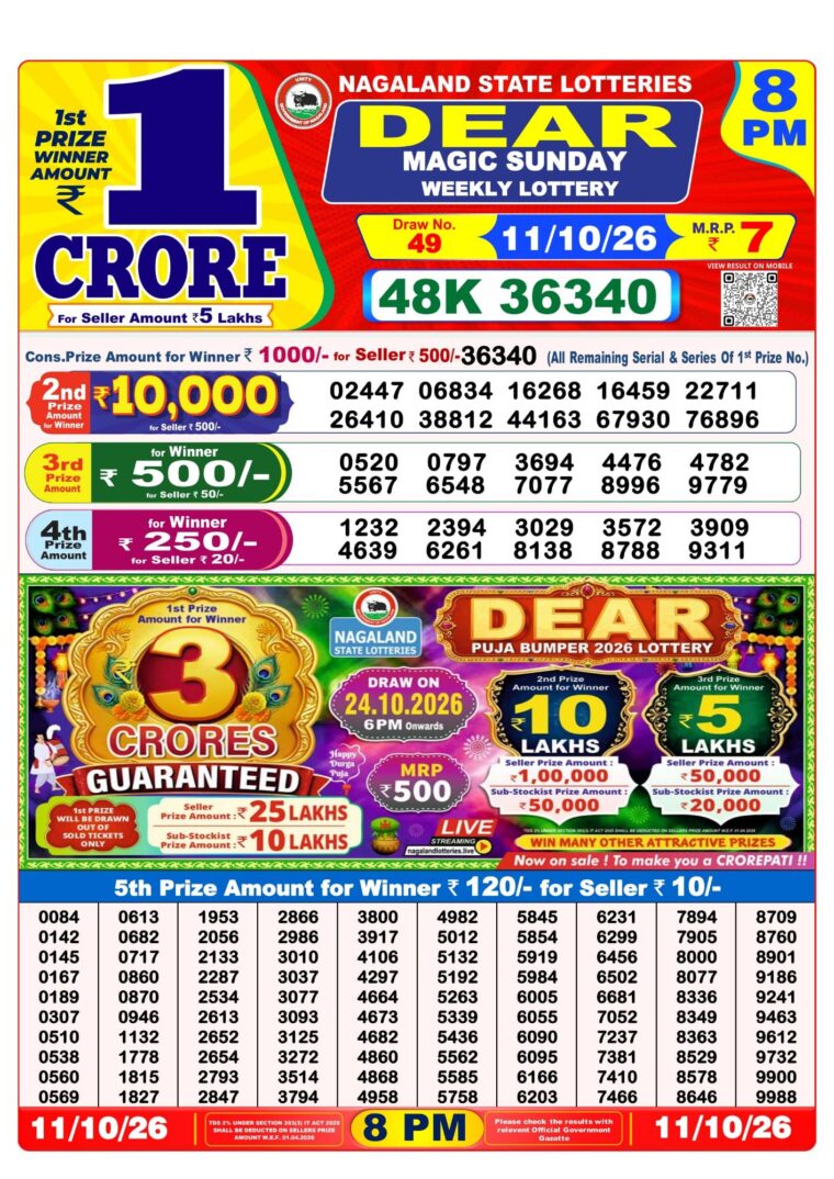 West Bengal Lottery Dear Result 8PM 11-10-2026