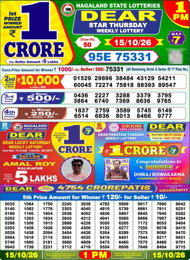 Lottery Sambad West Bengal 1PM Result 15-10-2026