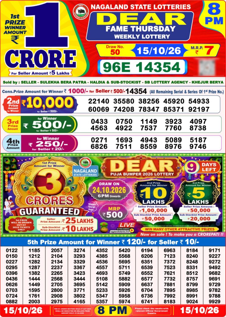 West Bengal Lottery Dear Result 8PM 15-10-2026