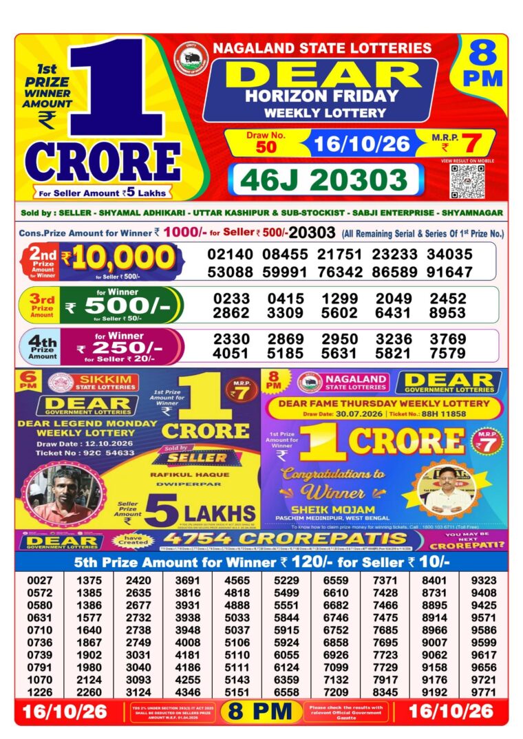 West Bengal Lottery Dear Result 8PM 16-10-2026