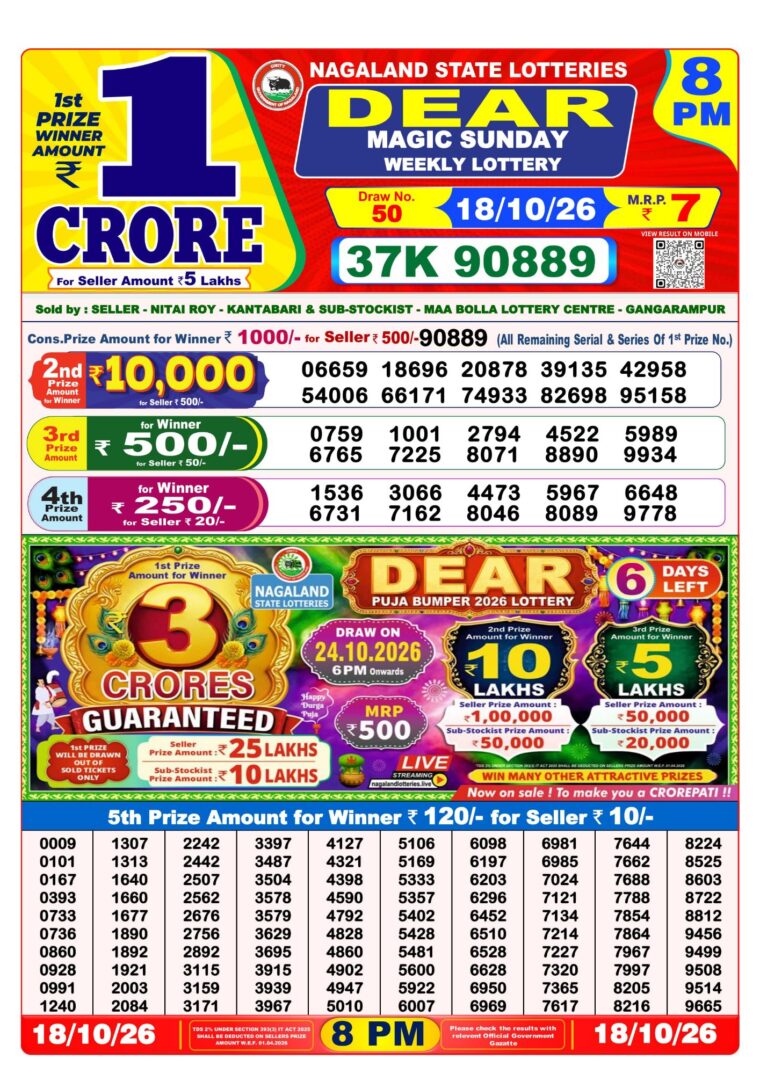West Bengal Lottery Dear Result 8PM 18-10-2026