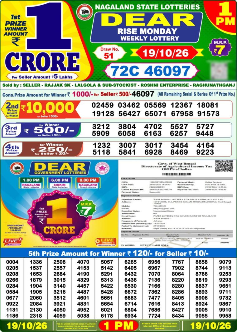 Lottery Sambad West Bengal 1PM Result 19-10-2026