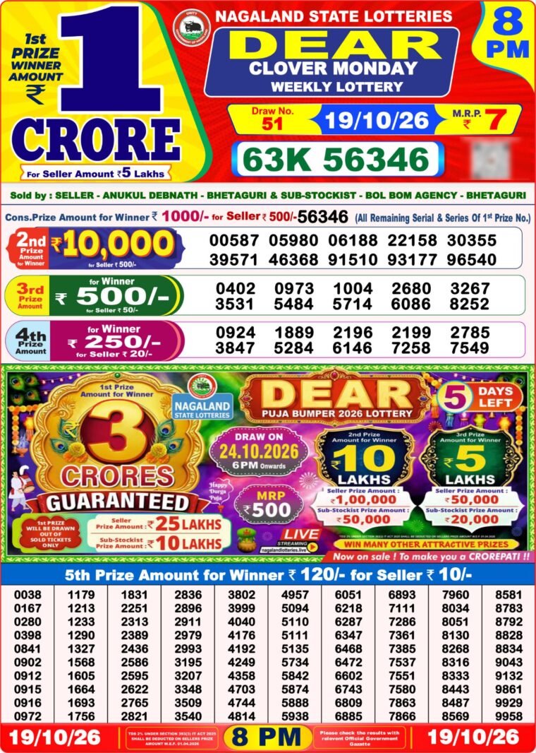 West Bengal Lottery Dear Result 8PM 19-10-2026