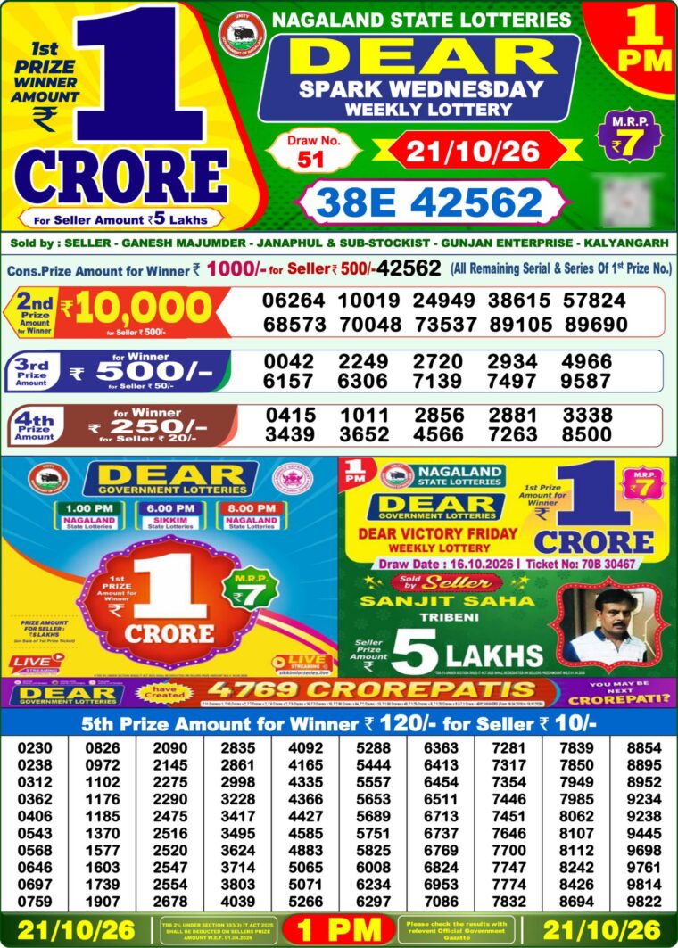 Lottery Sambad West Bengal 1PM Result 21-10-2026