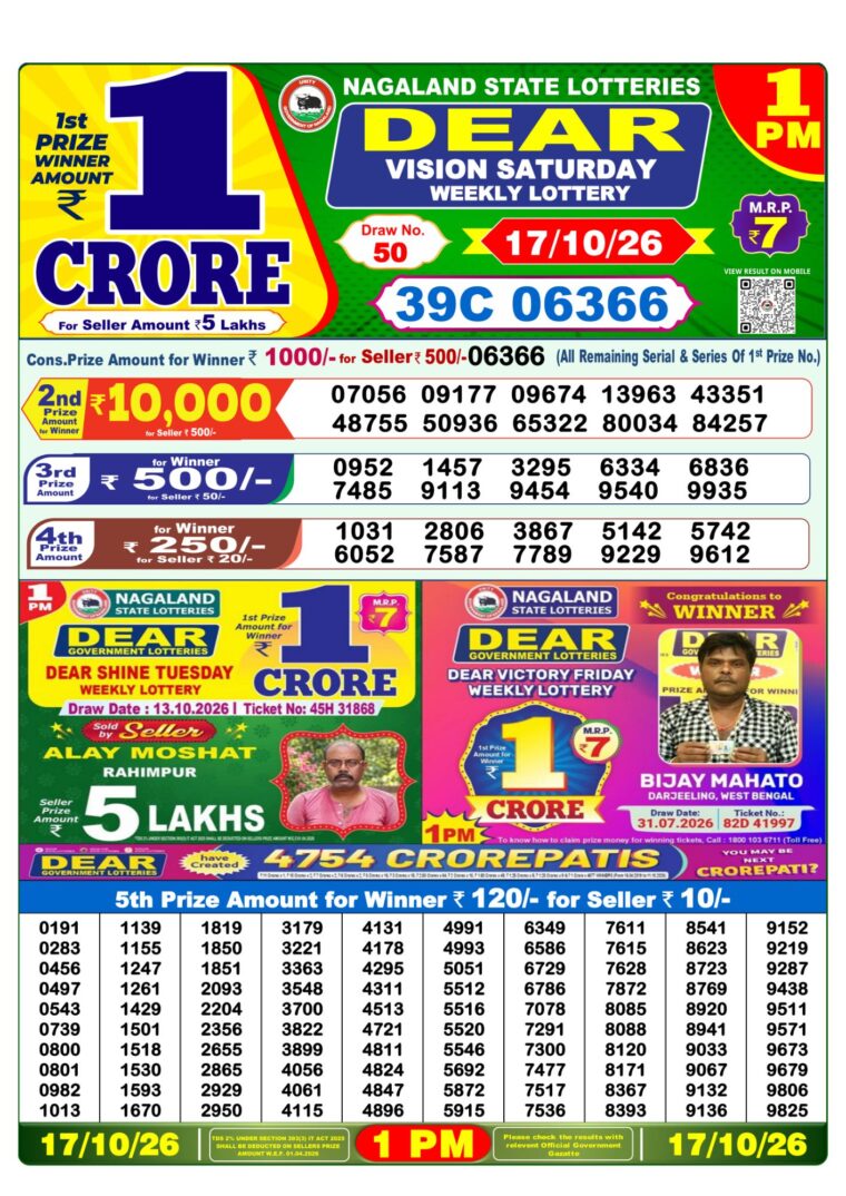 Lottery Sambad West Bengal 1PM Result 17-10-2026