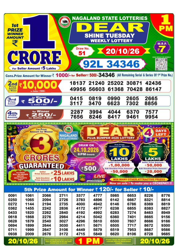 Lottery Sambad West Bengal 1PM Result 20-10-2026
