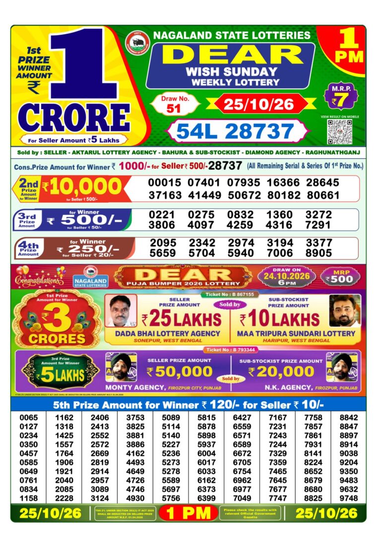 Lottery Sambad West Bengal 1PM Result 25-10-2026