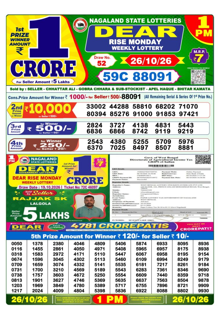 Lottery Sambad West Bengal 1PM Result 26-10-2026