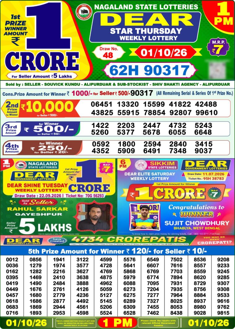 Lottery Sambad West Bengal 1PM Result 01-10-2026