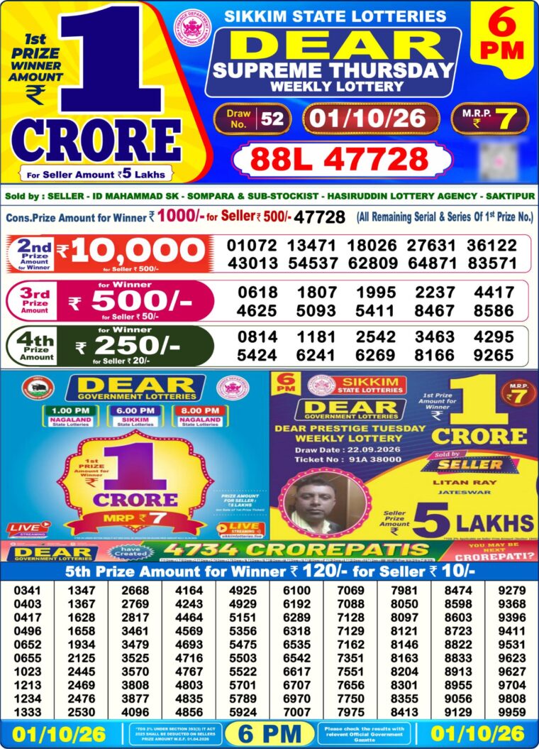 West Bengal Lottery Sambad 6PM 01-10-2026
