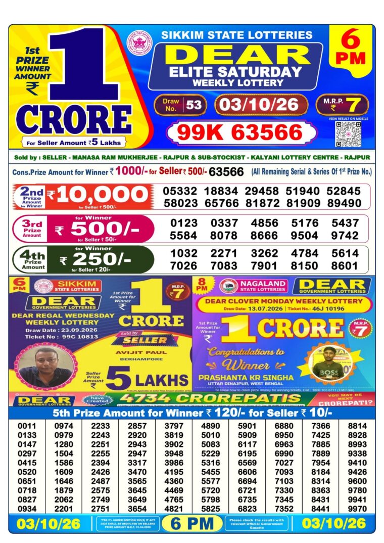 West Bengal Lottery Sambad 6PM 03-10-2026